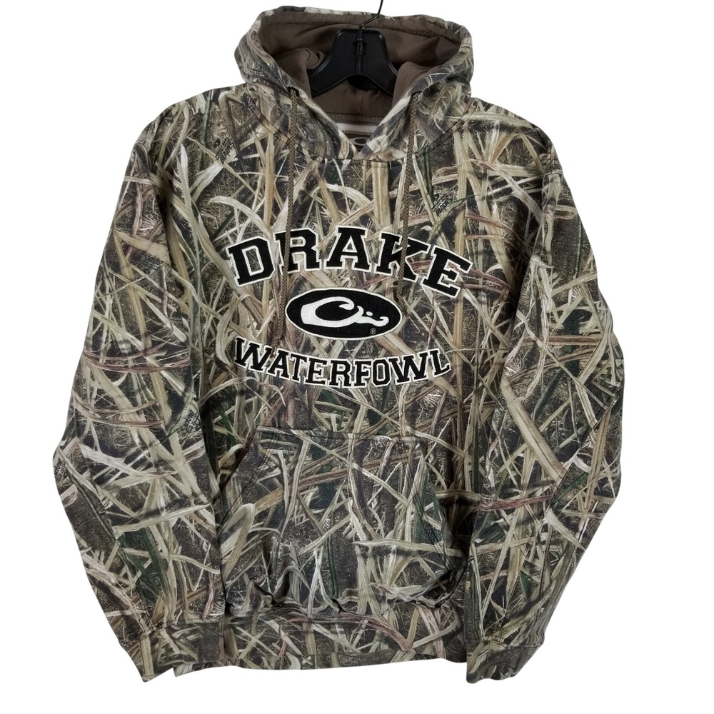 Drake Waterfowl Mens Camo Hoodie Medium Marsh Grass Hunting Pullover Sweatshirt